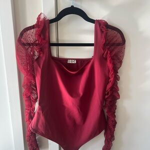 Free People Chic Burgundy Ruffled Bodysuit